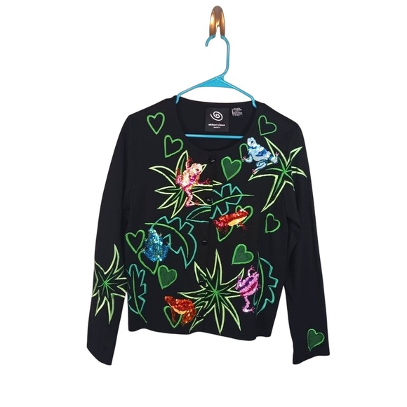 Michael Simon Sweaters - Michael Simon Sequin Frog Cardigan Womens S Vintage Novelty Sweater 2003